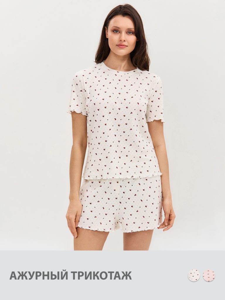 Пижама OMSA Pointelle Print футболка и шорты с гульфиком, ажурный хлопок